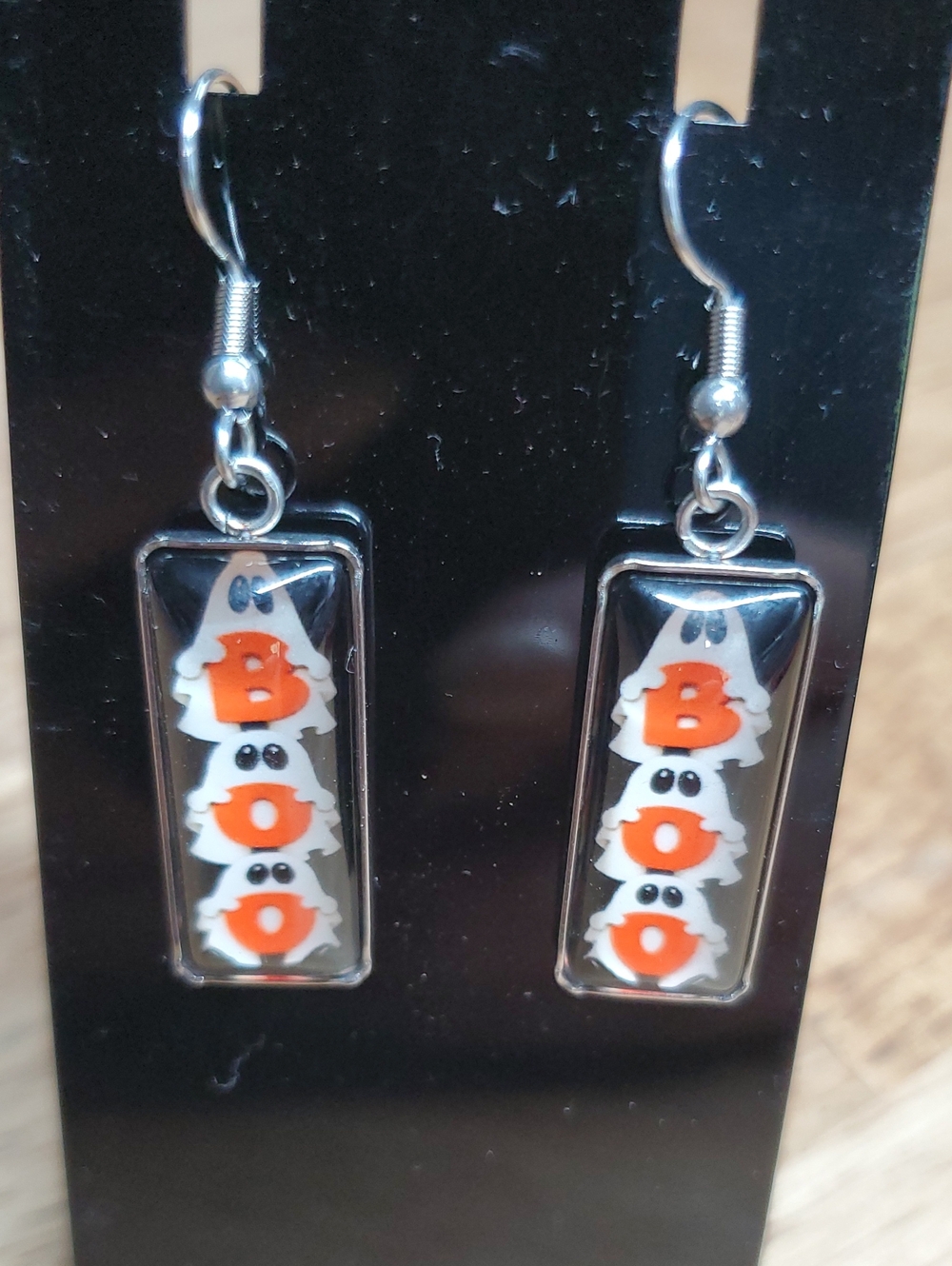 Halloween Ghost 'BOO' Dangle Earrings - Orange & White